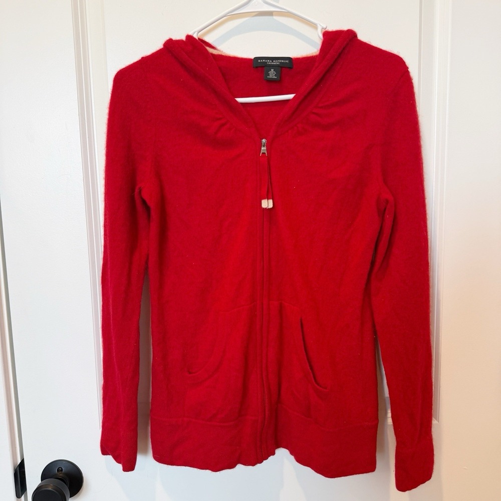 Banana Republic Womens Cashmere Y2K Zip Up Hoodie Sz M Red Quiet Luxury Holiday